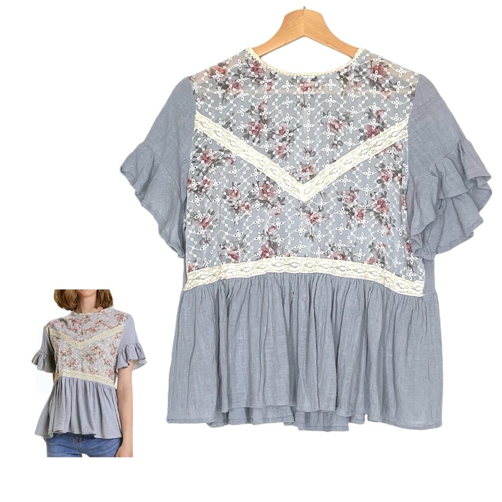 Floral Lace Yoke Peplum Blouse - Light Blue